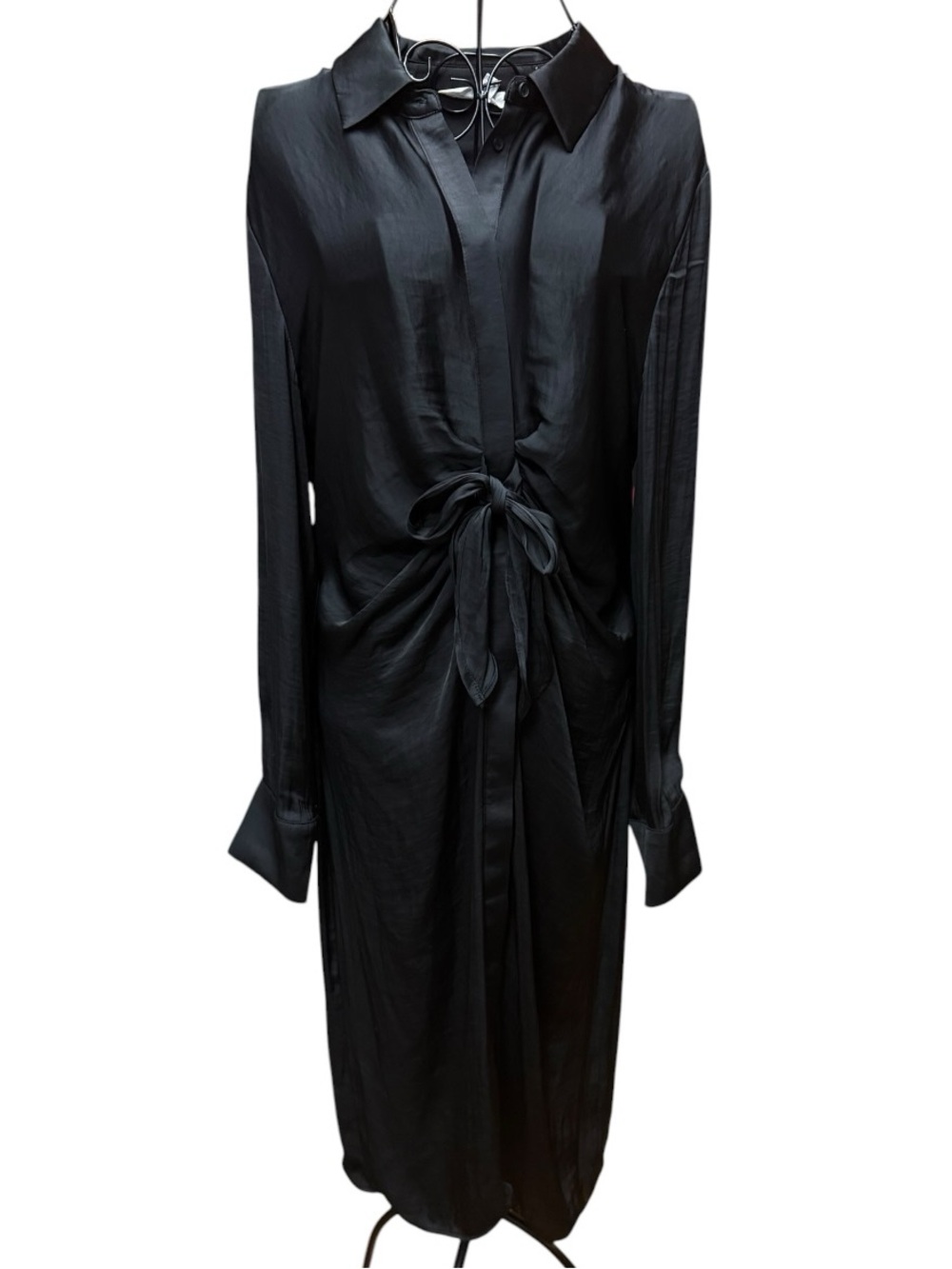 BB Dakota Black Long-Sleeve Satin Tie-Front Shirt Dress